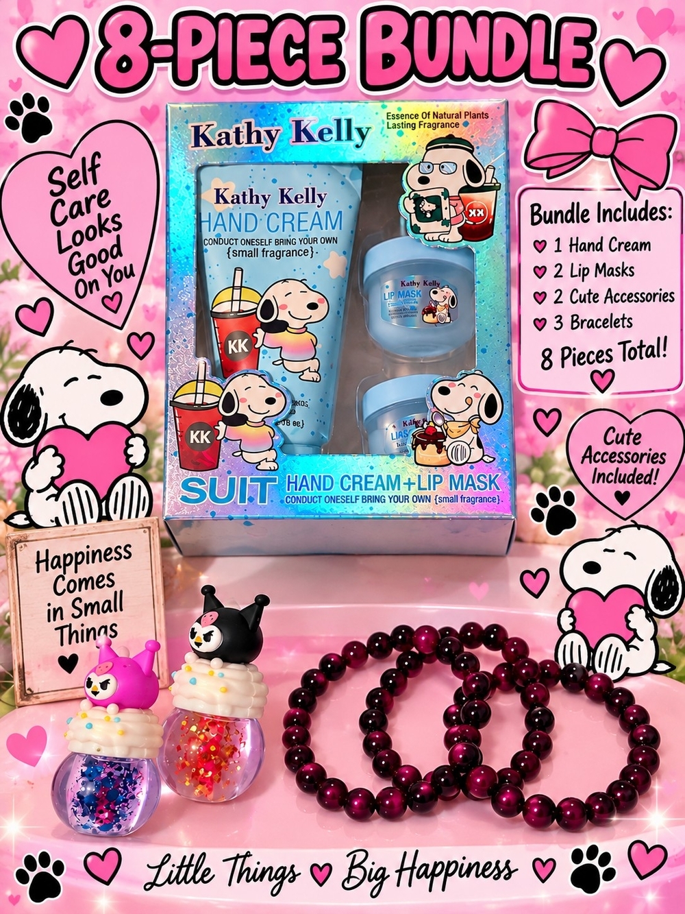 8 Peices Blue Hand Cream & Lip Mask Gift Set with Pink/Purple Bracelets